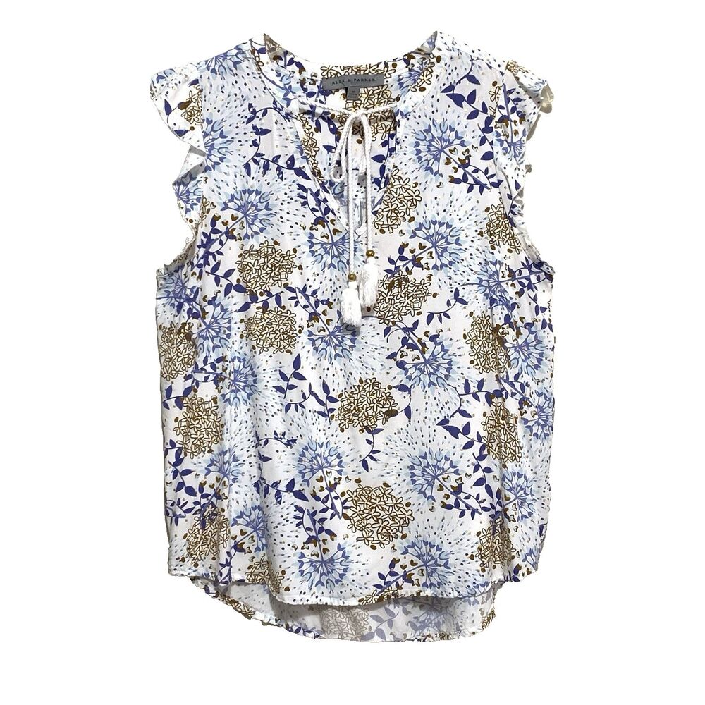 Alex & Parker Blouse Womens Size Medium White Blue Gold Short Sleeve Lightweight